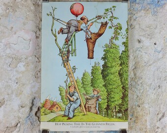 Vintage Gentle Art of Making Guinness Poster, Hop picking time in fields advertising ale Irish stout beer print wall art retro 1980s
