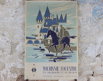 1950s Horse riding at Saumurois Chateau Poster, Saumur Loire Valley, France, Equestrian, wall art decor