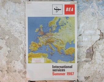 1967 BEA Europe Route Map Poster, British European Airways, Original Vintage Summer 1967, air travel tourism, wall art retro decor