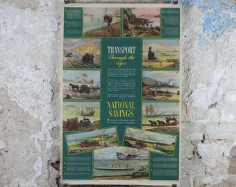 1948 Original National Savings Poster, Planes, Trains, Automobiles, Transport through the Ages, England, wall art retro decor