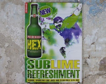 1990s Pernod Hex Poster, Alcopops, Snowboarder, Sublime refreshment, lime cola alcoholic drink, advertising print wall art decor