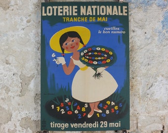 1950s French National Lottery Poster, Girl with numbered flowers, by Jean Desaleux, 29 May, print wall art retro decor