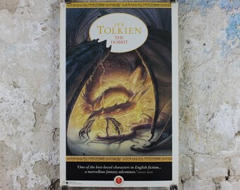 1992 Vintage Tolkien Centenary The Hobbit Poster, Smaug and the dragon hoard, Lonely Mountain, John Howe, illustration print wall art decor