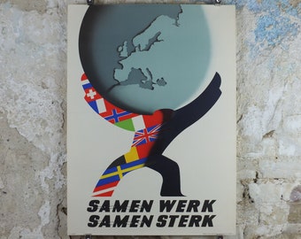 1950 ERP European Recovery Fund Poster, Work together, Strong together, Marshall Plan, FJE Mettes, Atlas, European Union wall art decor