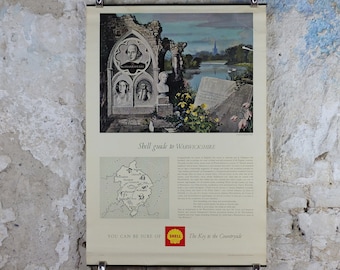 Shell Guide to Warwickshire Poster, England by Rowland Hilder 1950s vintage, The Key to the Countryside, educational wall art and decor