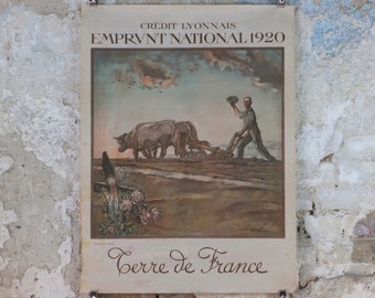 1920 French WW1 War Bond Poster, by Abel Faivre, Credit Lyonnais, Embrunt National 1920, original antique, wall art decor