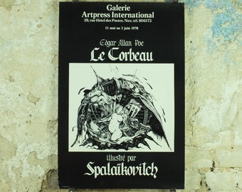 1978 Edgar Allan Poe, The Raven Exhibition Poster, by Pierre Spalaikovitch, dark gothic, artist gallery exhibition wall art 1970s