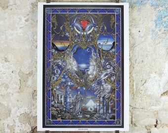 1990s Aqua Millennium Poster, by Peter Pracownik, Atlantis dolphin mermaid under the sea from Rhiannon Press, fantasy fiction wall art decor