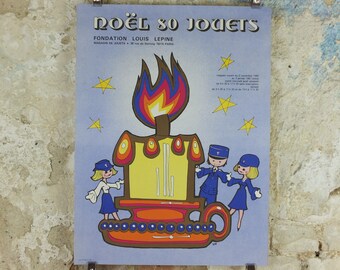 1980 Police Christmas Ball Poster, original French Jouets Noel 80, candle policewoman, by Y Peyre, Paris dance ballroom ball, wall art decor