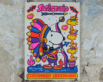 1980s Snoopy Poster, Peanuts, Sagittarius Zodiac sign in Italian fluorescent, by Charles Schultz, print wall art retro decor