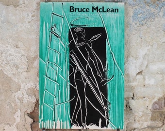 1985 Bruce McLean Poster, drawing of tradesman in teal and cyan, Tate Gallery London, art gallery exhibition, wall art decor