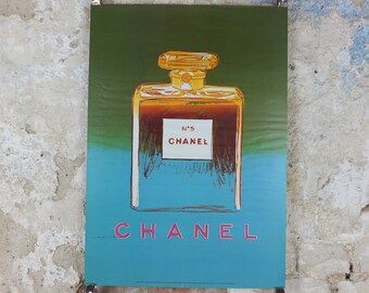 1997 No 5 Chanel Poster, by Andy Warhol, perfume bottle, cosmetics, from Selfridges advertising, bold green and blue, pop art wall art decor