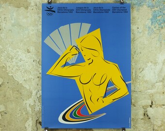 Vintage Barcelona Olympic Poster, Relay Track and Field by Ricard Badia, 1992, XXV Olympiad, post modern, sport wall art 1990s