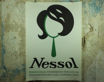 Vintage Hair Product and Style Poster, Nessol brand, Mirror, herbal shampoo, 1966 advertising poster, wall art retro 1950s