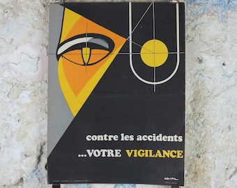 1950s Vintage SNCF French safety poster, Watching eyes, vigilance, by Dubruille, industrial, train rail dangers, retro wall art decor