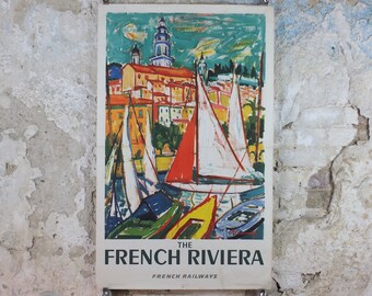 1965 SNCF Cote d'Azur Poster, French Riviera travel poster from Côte d'Azur, by Roger Marcel Limouse, wall art retro decor