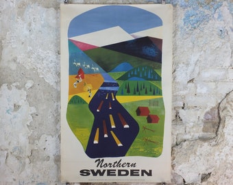1950s Northern Sweden Travel Poster, by Olle Skrede, Swedish Tourist Traffic Association, mountains, rivers, tourism vacation wall art decor