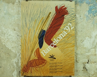 Vintage Barcelona Olympic Poster, Javelin by Enric Huguet, 1992, XXV Olympiad, post modern, sport wall art 1990s