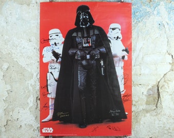 Signed Darth Vader Star Wars Poster, 11 signatures inc R2D2, Boba Fett, Wicket, Bib Fortuna, Greedo & Owen, wall art cinema film memorabilia