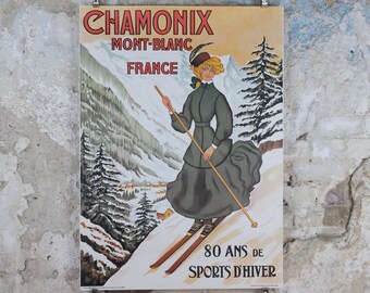 1980s Ski Chamonix Mont Blanc Poster, 80th Anniversary of Winter Sports, sport d'hiver, travel tourism skiing, wall art decor