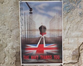 Vintage British WW2 The Navy Thanks You Propaganda Poster Telegraph Pat Keely ship shipyard destroyer battleship reprint wall art 1980s