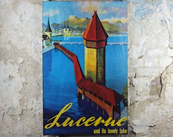 1930s Lucerne Poster, Switzerland, Lake, Kapellbrücke covered bridge, River Reuss, by Otto Landolt, Travel tourism vacation wall art decor