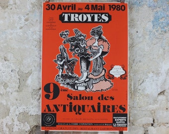 1980 French Antique Market Poster, Brocante and Braderie in Troyes in bold burnt orange, wall art decor