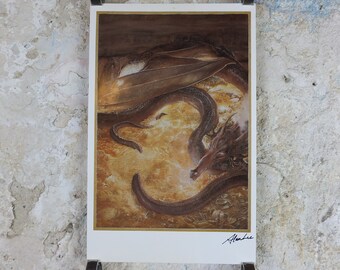 Signed 1997 Smaug Poster, by Alan Lee, Under the Lonely Mountain from The Hobbit, J.R.R. Tolkien, Erebor, illustration print wall art decor