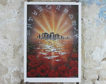 1990s Stonehenge Poster, by Peter Pracownik, poppies in the magic circle, from Rhiannon Press, fantasy fiction wall art decor