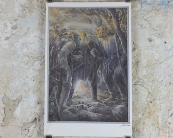 Signed 1997 The Stone Trolls Poster, by Alan Lee, Trolls capture dwarves from The Hobbit, J.R.R. Tolkien, illustration print wall art decor