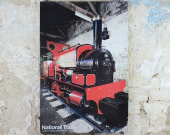 1970s Original National Trust Poster, Red Steam Train, Penrhyn Castle, Bangor, Gwynedd, Wales, heritage conservation, wall art retro decor