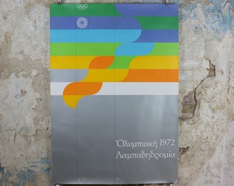1972 Munich Olympics Torch Relay Poster, by Otto Otl Aicher, silvery, Olympische Spiele Munchen, cyrillic script, sport, wall art decor
