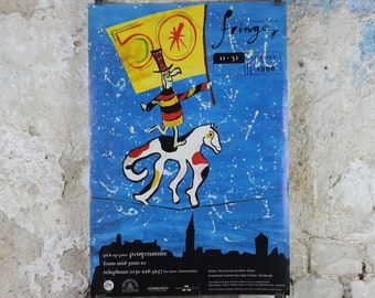 1996 Edinburgh Festival Fringe Poster, Arts Festival, man and horse on tightrope, artwork by Dawn Exley, wall art decor