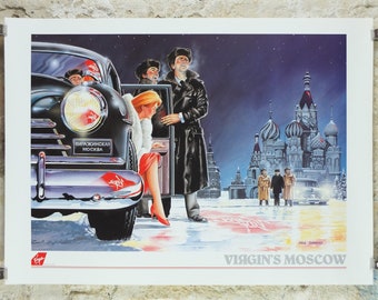 1990s Virgin Atlantic Moscow Poster, by Paul Simmons, Scarlet Lady, Saint Basil's Cathedral, Russia, Aviation, travel wall art decor