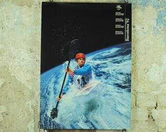 Vintage Barcelona Olympic Poster, Canoe and Kayak by Addison Allsport / NASA, 1992, XXV Olympiad, post modern, sport wall art 1990s