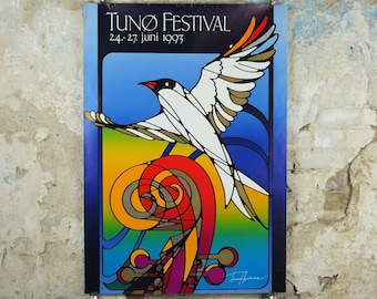 1993 Tunø Music Festival Poster, Seagull on a Bass in stained glass, a Danish island in the Kattegat, music, wall art decor