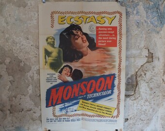 Original Vintage Movie Poster Monsoon 1952 1950s wall art Temptress Ecstasy passion dark beauty Ursula US one sheet cinema film memorabilia