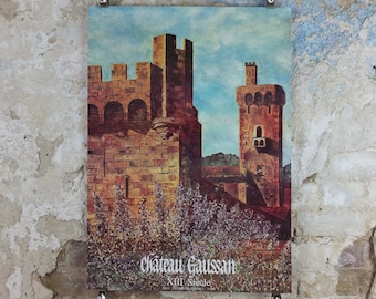 1980 Château de Gaussan Travel Poster, by Michel Saugen?, 14th century castle near Narbonne, travel tourism, wall art decor