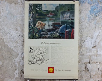 Shell Guide to Hampshire Poster, England by Keith Shackleton 1950s vintage, The Key to the Countryside, educational wall art and decor