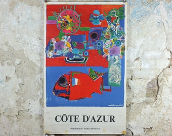 1968 SNCF Cote d'Azur Poster, French Riviera travel poster from Côte d'Azur, by Roger Bezombes, wall art retro decor