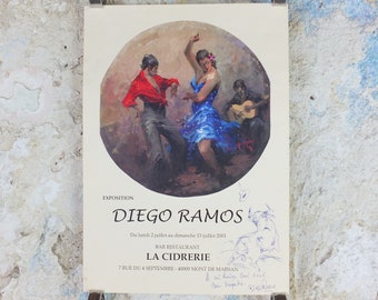 2001 Diego Ramos Poster, emotive dance with guitar, signed with drawing of a bull for Carl Erick , artist gallery exhibition, wall art decor