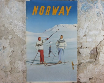 1958 Norway Skiing Poster, Ski and Winter Sports, Norway Travel Association & Norwegian State Railways, tourism vacation wall art decor