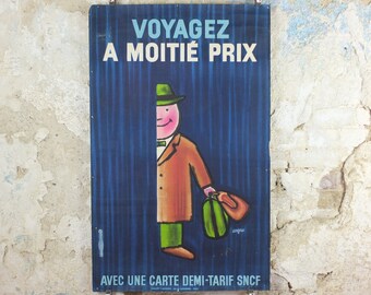 SNCF Savignac Poster, 1964 Original French National Railways, Half Price Fare Journeys, advertising wall art retro decor