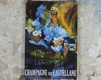 1990s Champagne de Castellane Poster, Masquerade ball, Epernay France, Viticulture print wall art decor