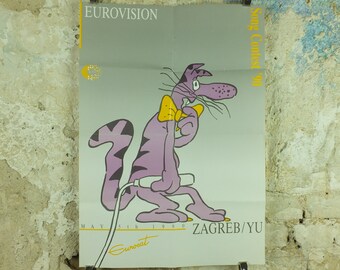Original Eurovision Poster, 1990 European Song Contest, Zagreb/Yu, Eurocat '90, musical wall art