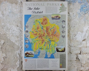 1970 Lake District Poster, National Parks, Cumbria, Scarfell Pike, Windermere, Wordsworth, Travel and Tourism, walking trail, wall art decor