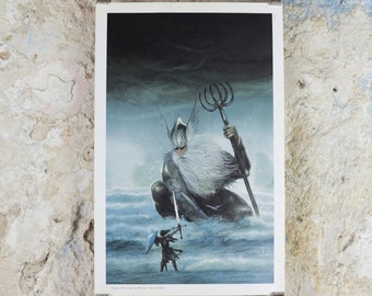 1993 Tolkien Unfinished Tales Poster, Ulmo Lord of Waters, by John Howe, Middle Earth pre Lord of the Rings, print wall art decor