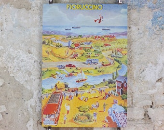 1974 Fiorucci rare Poster, Fioruccino, Italian town, river out to the sea in yellow, Italian fashion label, advertising retro wall art decor