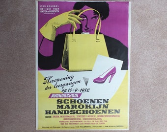 Vintage Handbag and Heels Poster, Brussels Institute of Arts and Crafts, gloves high heel shoes fashion Belgium wall art retro 1950s 1952