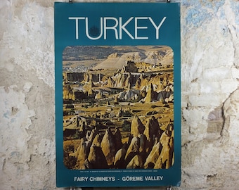 1960s Goreme Valley Turkey Travel Poster, Fairy Chimneys, Original Turkish, travel tourism, holiday vacation, wall art decor